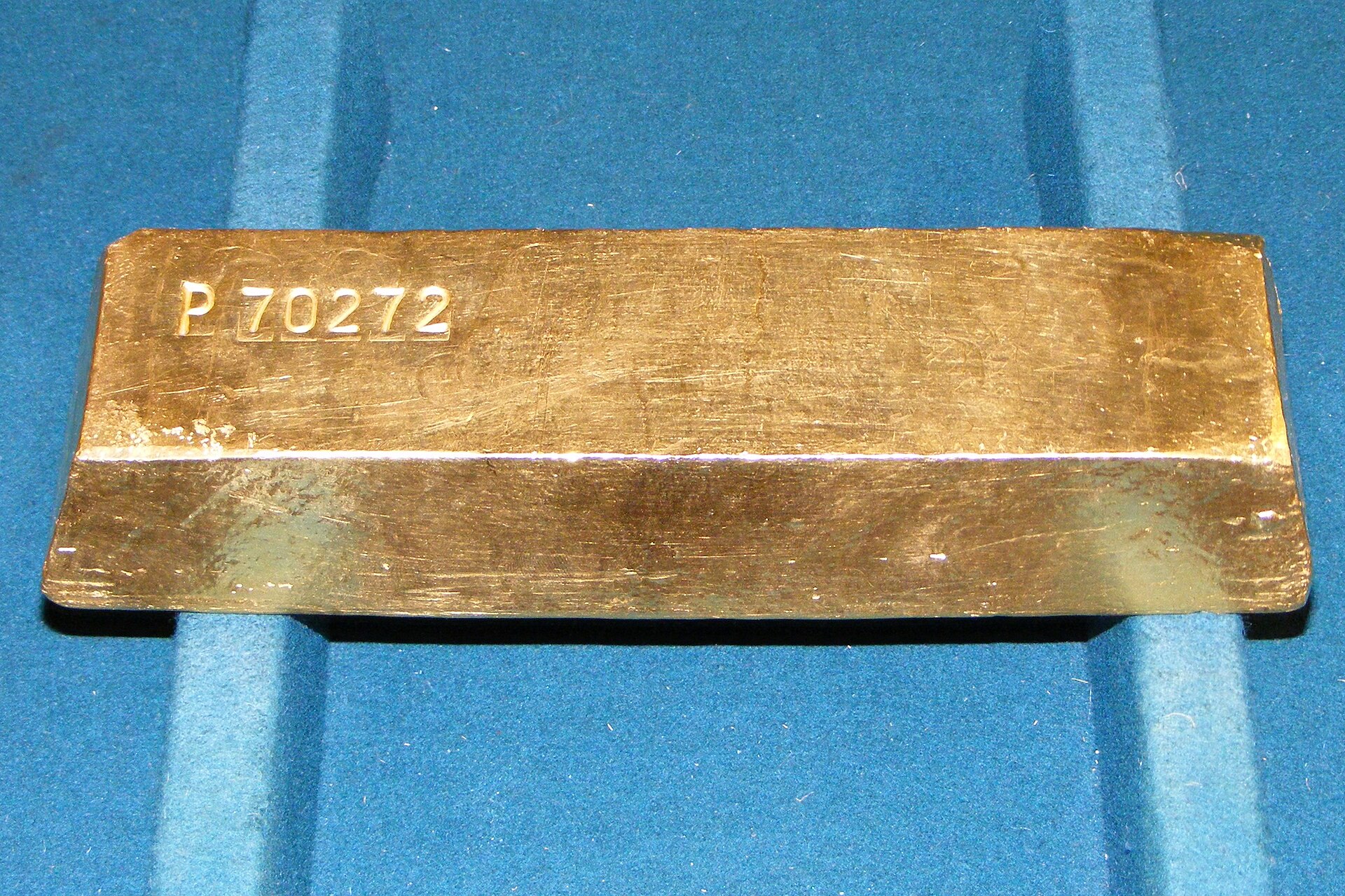 Gold bar with a weight of 400 troy-ounces (12.441 kg). Gold bars of this size are usually used only for banking purposes